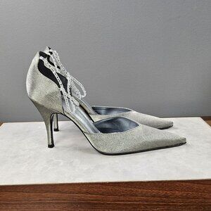 Stuart Weitzman Iridescent Silver Stiletto Heels w Diamond Jeweled Ankle Strap